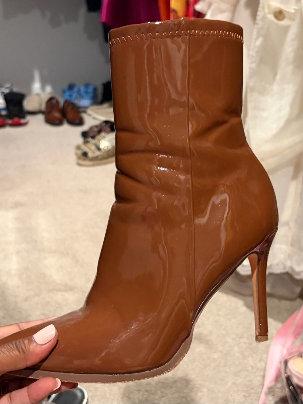 Patent Brown Stiletto Ankle Boot